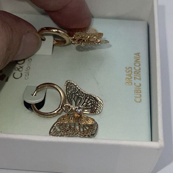 C & C California Gold Tone CZ 3D Dangle Butterfly Earrings New - Picture 6 of 7